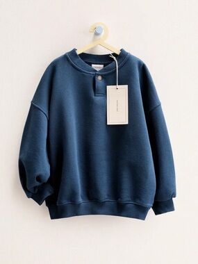 Zara Navy Blue Crewneck Sweater with Button Detail